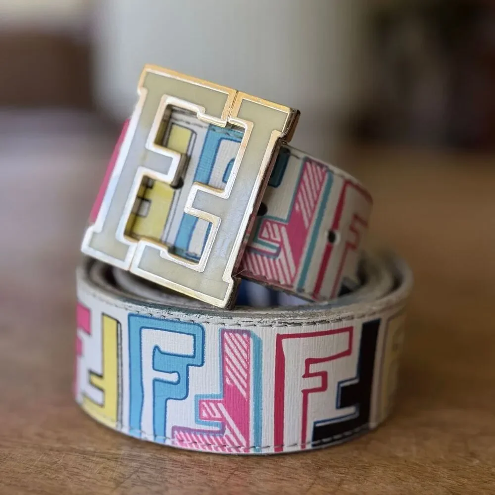 Vintage Fendi Multicolor FF Logo Leather Belt Made in Italy